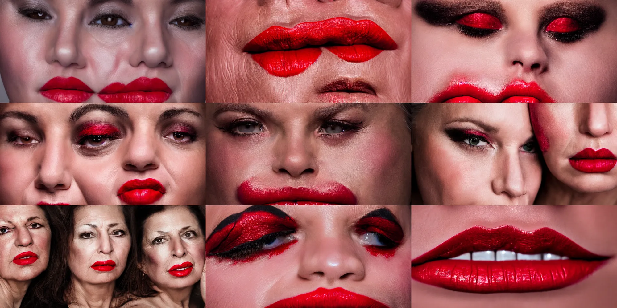 Prompt: hdr extreme close up of my aunts face, bright red lipstick, heavy makeup, studio portrait, annie liebovitz