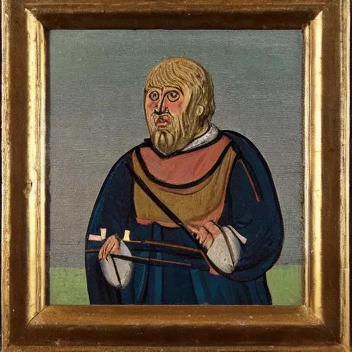 Prompt: the peasant boris johnson from 1 2 th century england, exhibited in the british museum, oil on canvas, art, restored painting