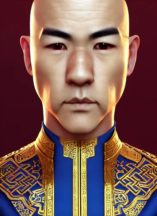 Image similar to male martial artist with a mostly shaved head and a high ponytail!!! asian facial features and blue eyes!! intricate ornate blue robes!! character concept art, sharp focus, octane render! unreal engine 5! highly rendered!! trending on artstation!! detailed linework!! illustration by artgerm, wlop, and chie yoshii