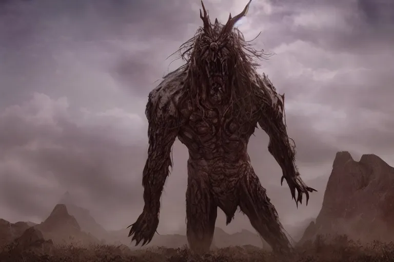 Image similar to looking up at a tall humongous angry monster made of flesh standing tall in the desert, elden ring boss, realism, photo realistic, high quality, misty, hazy, ambient lighting, cinematic lighting, studio quality,