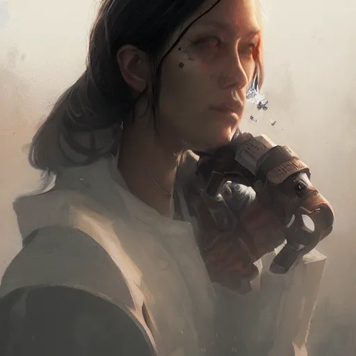 Image similar to a portrait of a smoking cyborg women by greg rutkowski, sung choi, mitchell mohrhauser, maciej kuciara, johnson ting, maxim verehin, peter konig, 8 k photorealistic, cinematic lighting, hd, high details, dramatic, dark atmosphere, trending on artstation