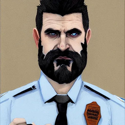 Image similar to portrait of a greying pale vampire police officer with short hair and a patchy beard, close up, grimy streets backdrop, highly detailed, sharp focus, perfect eyes, art by esad ribic