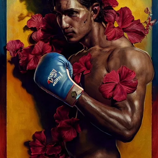 Prompt: handsome portrait of a young guy fitness posing, war hero, flexing, wearing vibrant boxing gloves, surrounded by hibiscus flowers, radiant light, caustics, mma, by gaston bussiere, bayard wu, greg rutkowski, giger, maxim verehin