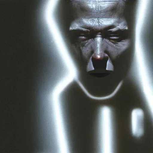 Image similar to movie still of a villain cyborg, facial expression, cinematic composition, cinematic light, surreal cinema, by david lynch,