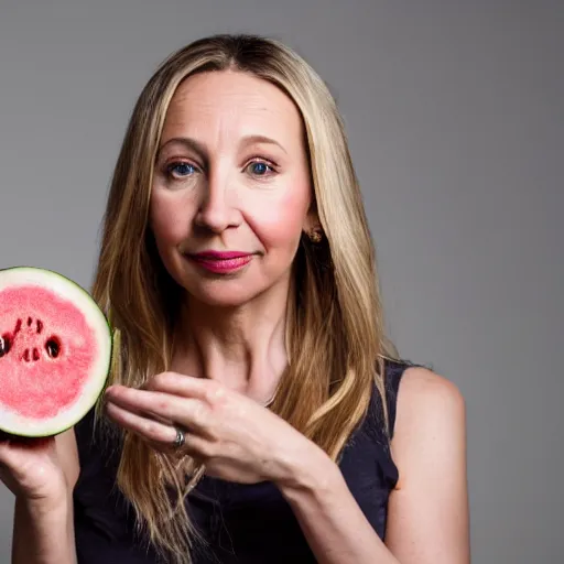 Prompt: a portrait of Phoebe Buffay in her 20s eating a watermelon, sharp, dramatic pink lighting, intense, incredibly detailed, studio, 85mm Sigma Art lens