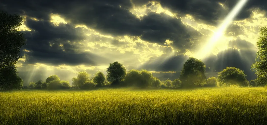 Image similar to a beautiful picture of a turbulent cloud over an idyllic meadow, bright god rays breaking through, intricate detail, sunset, serene, hazy, volumetric lighting, volumetric clouds, 8 k, hyperrealistic, digital art trending on artstation