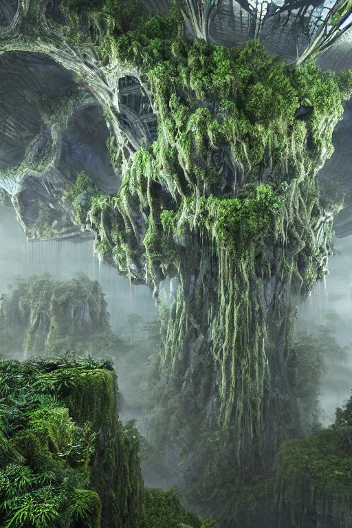 Image similar to ancient fractal temple deep in the future - megastructure in the hanging gardens of a radiant forest jungle, overgrown garden, scanned earth terrain fractal bridges, highly detailed erosion algorithm landscape, by albert bierdstat, by glenn small, high resolution, 8 k photorealism, populated by luminous beings, god rays in volumes of fog, looking up perspective