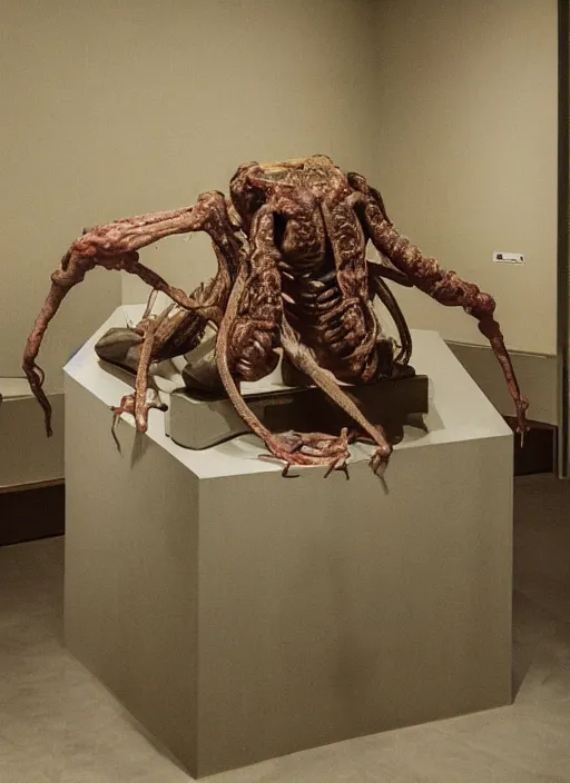 Prompt: a teratoma on a plinth in the middle of a museum room realizing that he has consciousness painted by hopper and giger