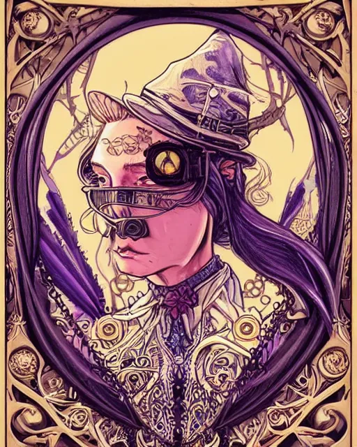 Prompt: a detailed portrait illustration of a steampunk wizard. beautiful female face. art nouveau, pop art, comic book style. influenced by neil gaiman, h. p. lovecraft, dan mumford, brian froud, rexie nem, killian eng, ross tran.