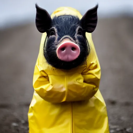 Image similar to photograph of a cute pig walking upright wearing a yellow raincoat