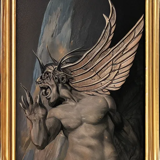 Prompt: polished rectangular stone with demon wings and a subtle male demon face engraved in the stone, oil painting, detailed, realistic