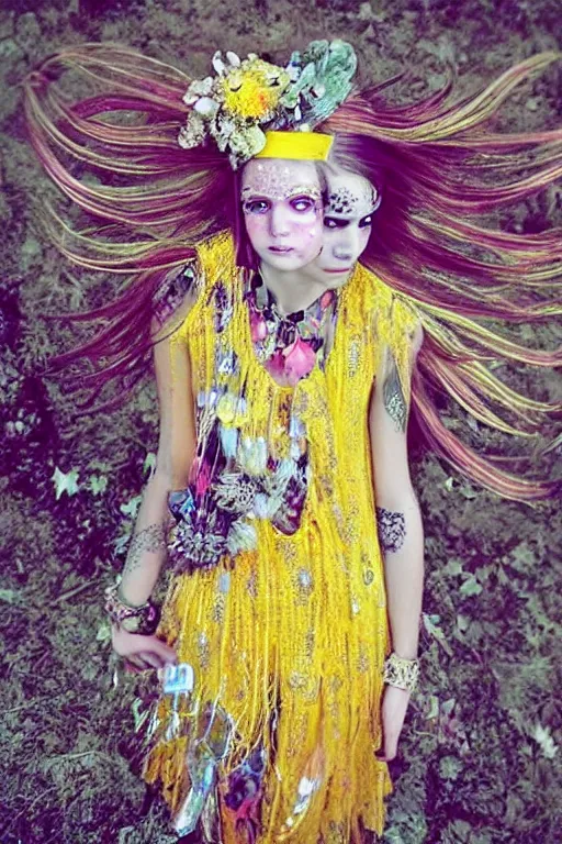 Image similar to light bohemian pinterest teen floral fantasy fashion zine photography, teen magical girl girl styled in a yellow and silver patterned bright dress layers geometric festival face paint and ornate crystal chain jewelry headpiece, elaborate enchanted ritual scene, wide shot