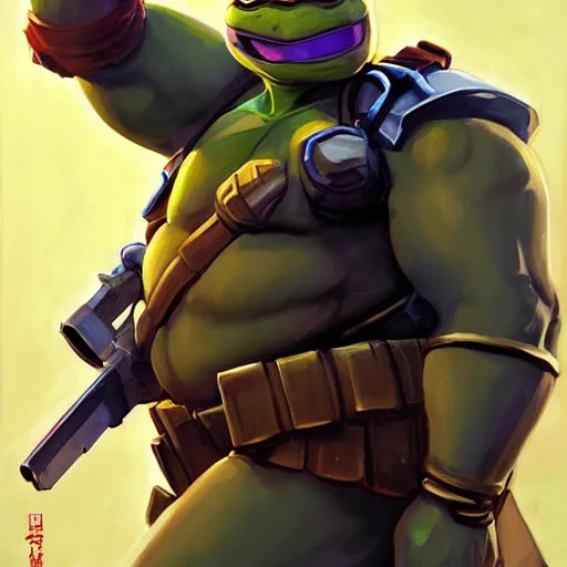 Prompt: greg manchess portrait painting of armored teenage mutant ninja turtle as overwatch character, medium shot, asymmetrical, profile picture, organic painting, sunny day, matte painting, bold shapes, hard edges, street art, trending on artstation, by huang guangjian and gil elvgren and sachin teng