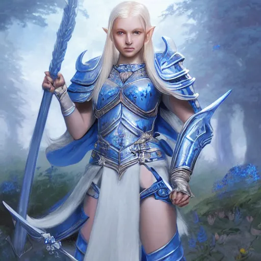 Prompt: young blonde female elf warrior in blue and white armor, surrounded by rabbit knights, epic wallpaper, high fantasy, flowers and trees, intricate detail, digital painting, artstation, concept art, smooth, sharp focus, illustration, art by greg rutkowski and wlop and raymond swanland and ross tran