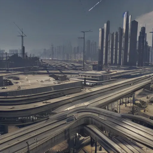 Prompt: a dystopia soviet brutalist city background for grand theft auto 5 loading screen, very detailed, high quality photo, designed by zaha hadid, sculped by Norman foster