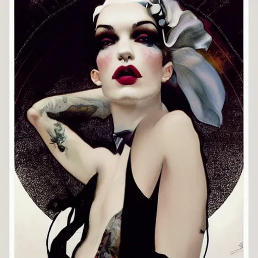 Image similar to stunning portrait of androgynous ruby rose as desire from sandman in a white tuxedo!!!, rockabilly style, by frank moth, by alphonse mucha, by jeremy mann, by peter lindbergh, dave mckean, white suit and black tie, soft lightning, high detailed, 8 k