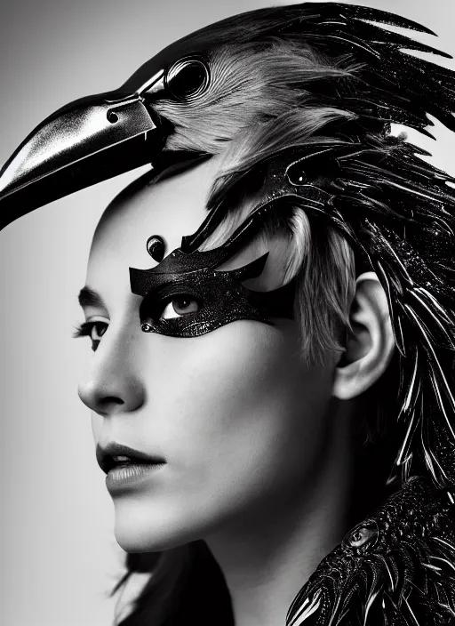 Image similar to a profile portrait, a stunning young woman - cyborg with a mutant crow head, editorial photography, bw, shot on 7 0 mm, depth of field, f / 2. 8, high contrast, 1 6 k, volumetric lighting, shiny, insanely detailed and intricate, hypermaximalist, elegant, ornate, hyper realistic, super detailed