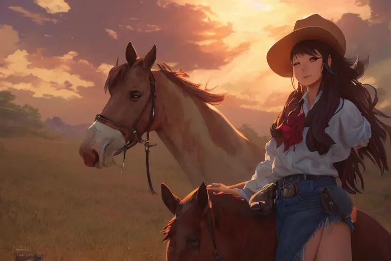 Image similar to cowgirl western girlfriend, scenic full shot, ambient lighting, detailed face, by makoto shinkai, stanley artgerm lau, wlop, rossdraws