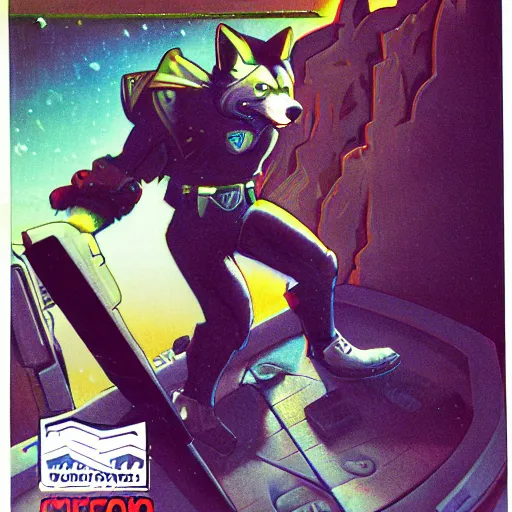 Prompt: 1 9 8 0 s video game art of anthropomorphic wolf o'donnell from starfox fursona furry wolf in a dark space mercenary uniform, looking heroic, magazine scan, 8 0 s game box art, dark grey wolf o'donnell