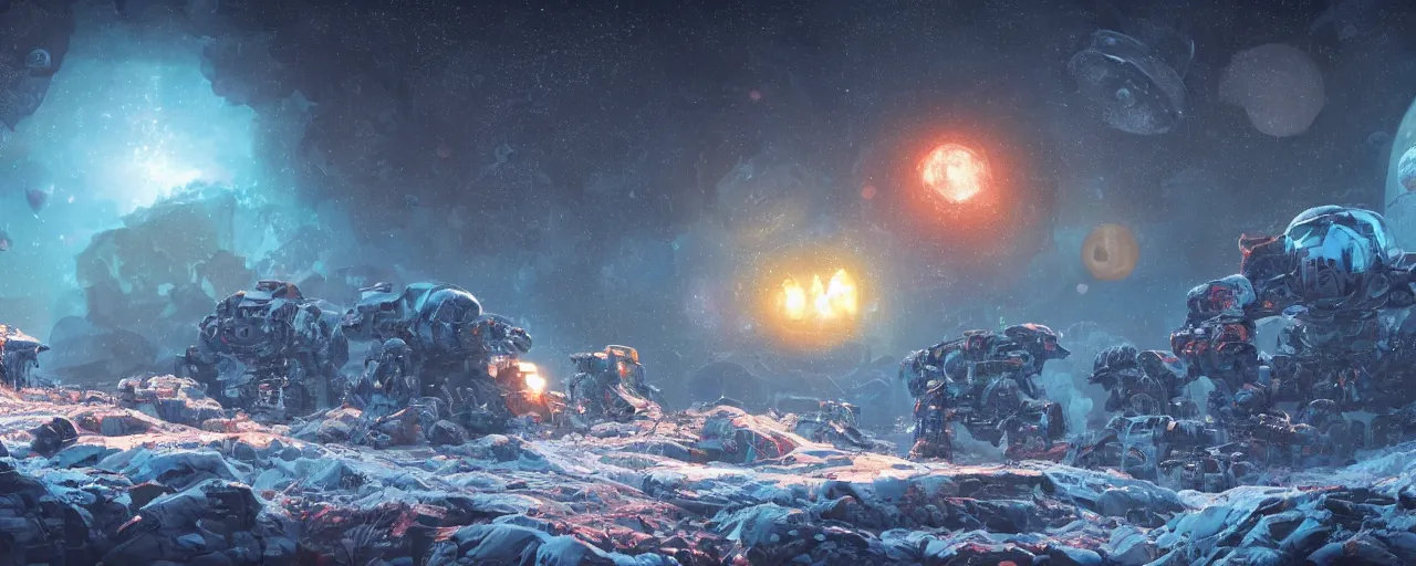 Image similar to outer planet covered with ice, mining robots, art by paul lehr, cinematic, detailed, epic, widescreen, opening, establishing, matte painting, photorealistic, realistic textures, octane render