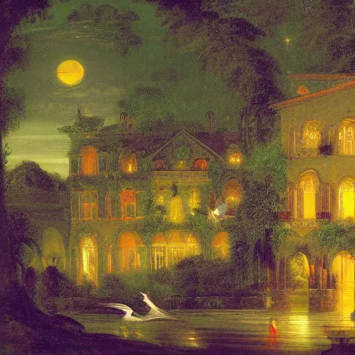 Image similar to many jewel colored hummingbirds with milky eyes hovering around plants in front of a sprawling manor in a renaissance architecture city street at night with rainforest greenery, thomas cole, illustration