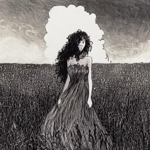 Image similar to The illustration depicts a woman standing in a field of ashes, her dress billowing in the wind. Her hair is wild and her eyes are closed, and she seems to be in a trance-like state. The illustration is dark and atmospheric, and the ashes in the field seem to be almost alive, swirling around. by Charles Vess hyperdetailed