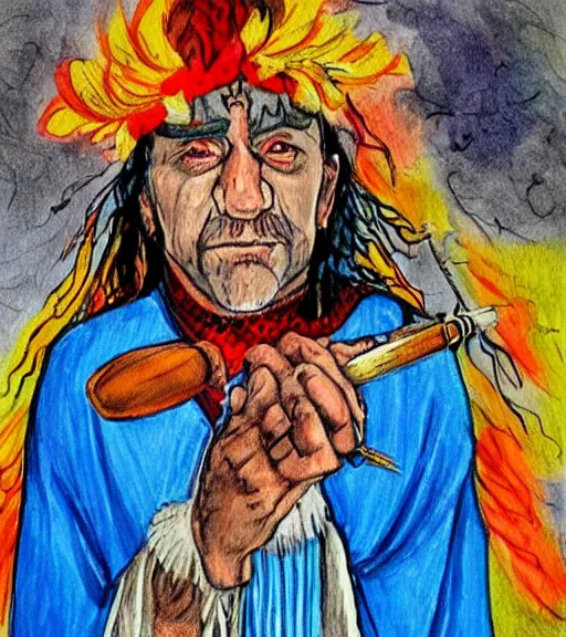 Prompt: Painting in a style of Lord of the rings of a shaman dressed in a colorful traditional clothes. He is smoking a pipe