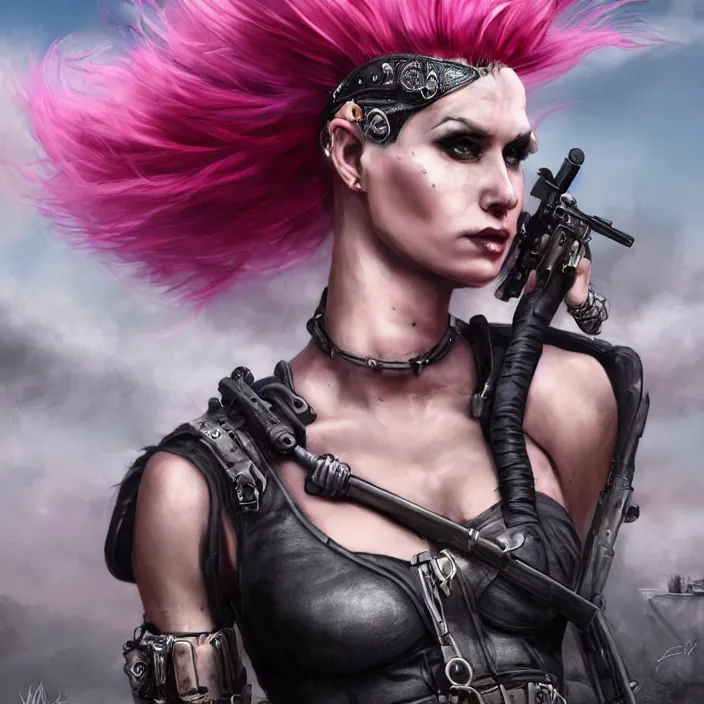 Image similar to beautiful apocalyptic woman with pink Mohawk, standing on mad max panzer tank, 4k ultra hd, fantasy dark art, tank girl, artgerm, artstation, octane render, elegant, detailed digital painting