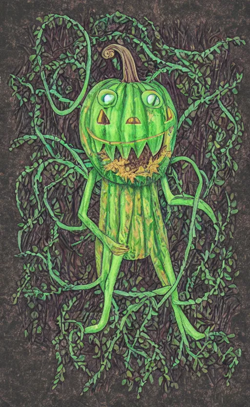 Prompt: a pumpkin monster but it's body is made out of vines and weeds, full body portrait