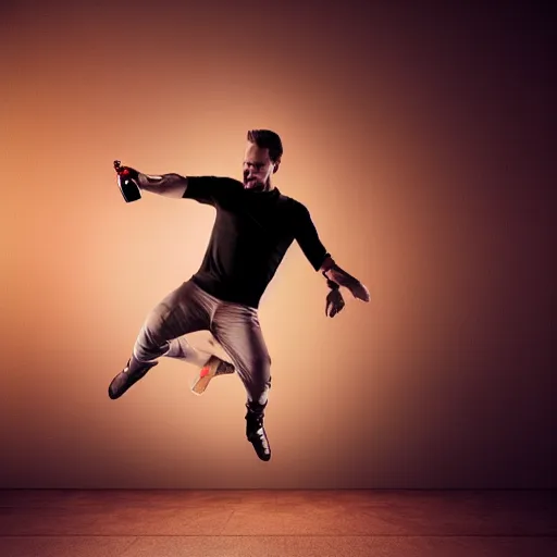 Image similar to Ultra realistic full shot of a male model boisterously dancing around the room by himself holding an empty wine bottle as he jumps in the air, cyberpunk, sci-fi, fantasy, Kodak colour led, soft light, volumetric lighting ,night, intricate, elegant, highly detailed, digital painting, artstation, concept art, smooth, sharp focus, illustration, art by artgerm and greg rutkowski and alphonse mucha