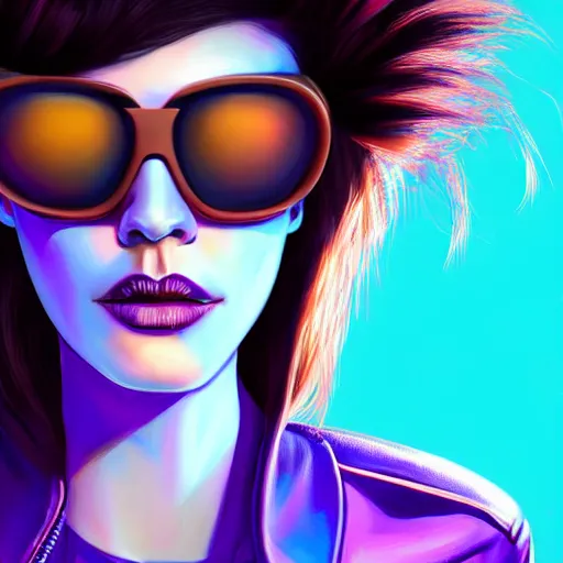 Image similar to closeup painting of a very beautiful young mexican cyberpunk woman with a smirk, wearing light blue shutter shades and a purple coloured leather jacket, one side haircut, long brown hair with light blue ends, portrait, hyperdetailed, artstation, cgsociety, 8 k, synthwave by tangerine dream, by jean - michel jarre, by vangelis, by john carpenter