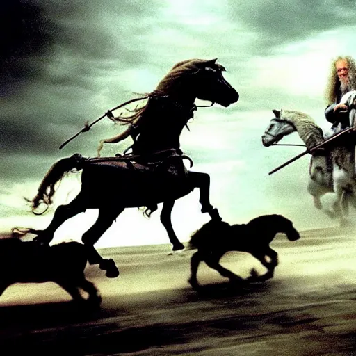 Image similar to gandalf riding in a cart being pulled by a horse, style of h. r. giger, cinematic, movie still, cgi, directed by ridley scott