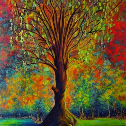 Prompt: a painting of a tree with lots of leaves, an ultrafine detailed painting by rachel reckitt, featured on dribble, metaphysical painting, oil on canvas, acrylic art, detailed painting