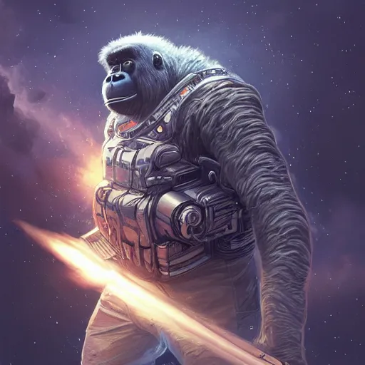 Image similar to detailed science - fiction character portrait of a silverback gorilla shooting a alien gun in space, intricate, wild, highly detailed, digital painting, artstation, concept art, smooth, sharp focus, illustration, art by artgerm and greg rutkowski and alphonse mucha