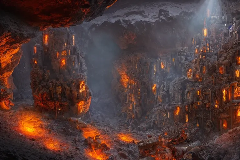 Image similar to a steampunk city inside a cave, lava columns