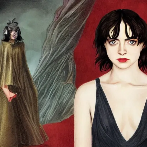 Image similar to a combination of Maisie Williams, Krysten Ritter, Anne Hathaway and Natalia Dwyer Christina Ricci and Lily Collins by Remedios Varo