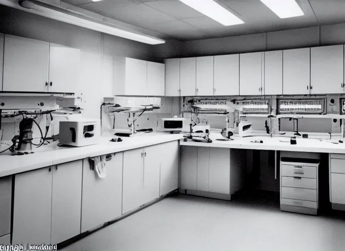 Image similar to realistic interior photo of wooden science laboratory, with white plastic appliances 1 9 9 0, life magazine photo