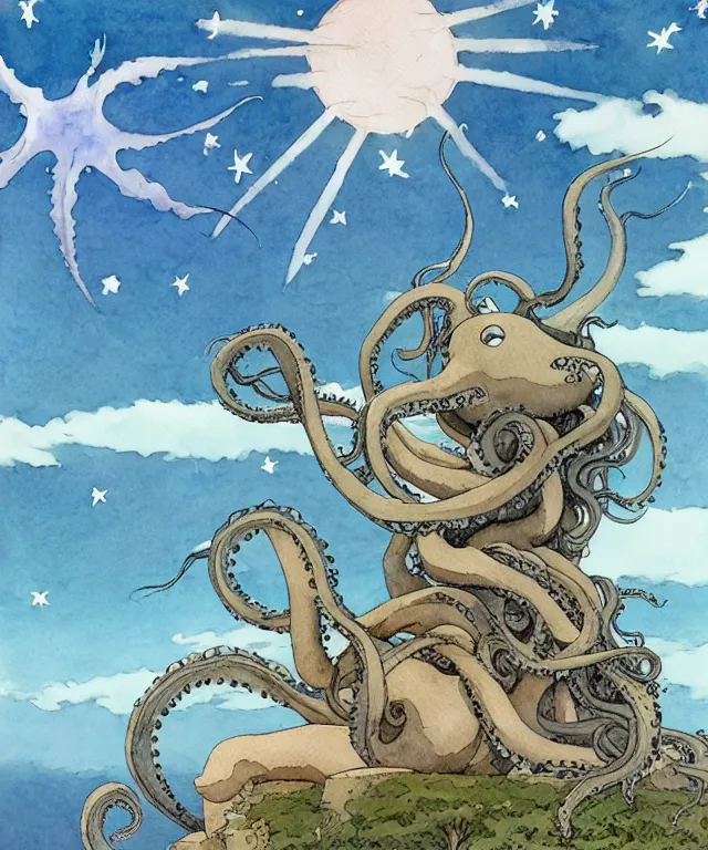 Prompt: a hyperrealist studio ghibli watercolor fantasy concept art. in the foreground is a giant long haired grey octopus sitting in lotus position on top of stonehenge with shooting stars all over the sky in the background. by rebecca guay, michael kaluta, charles vess