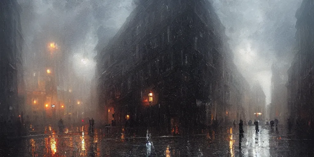 Image similar to an oil painting of a downpour in the middle of the street of a medieval city, moody lighting, fog, dark fantasy, by greg rutkowski, trending on artstation