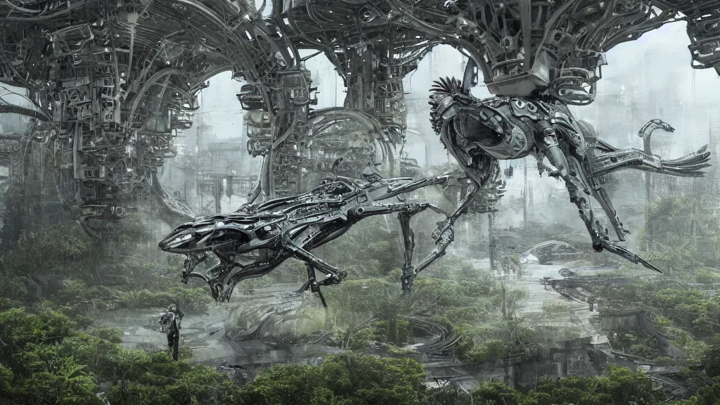 Image similar to organic mechanical metal osprey aircraft, giger influenced with ornate intricate details, landed on futuristic brutalist concrete heliport, ornate buildings covered with green moss, vines and blue foliage, with cyborg female soldiers in the foreground wearing stealth transparent clothing, daytime, wet floor on streets, matte painting, unreal engine, cinematic camera, bloom, mirrors edge