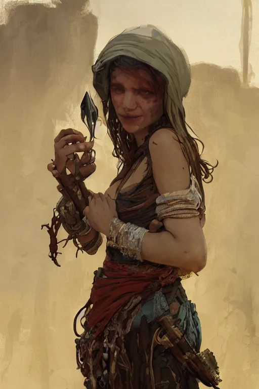 Prompt: a full body portrait of a beautiful post apocalyptic offworld artisans district bedouin blind pulp fiction scarlet wild rogue barbarian leper begging by the roadside, intricate, elegant, highly detailed, digital painting, artstation, concept art, smooth, sharp focus, illustration, art by krenz cushart and artem demura and alphonse mucha