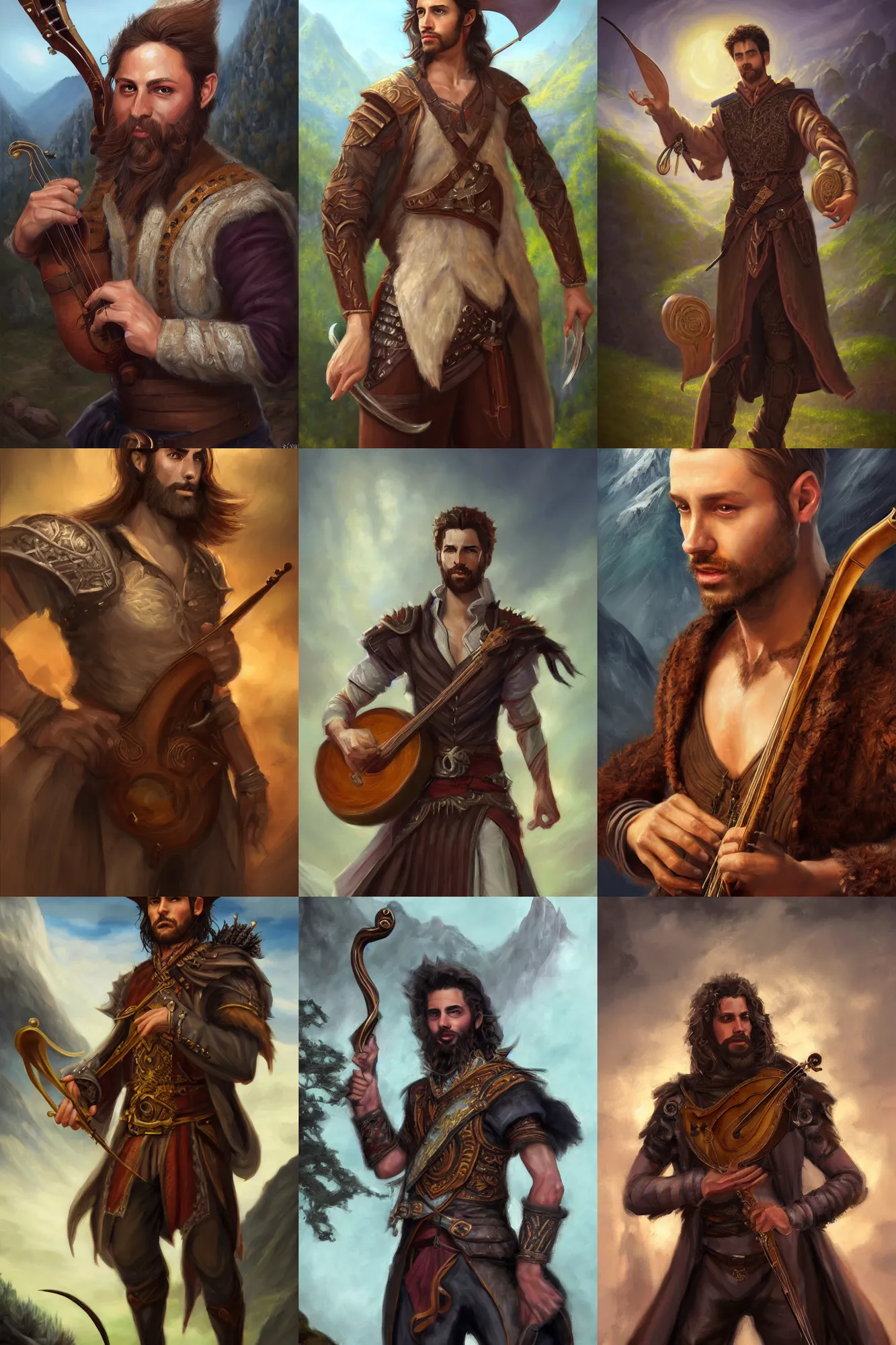 Image similar to a full body high detail fantasy portrait oil painting illustration of a single handsome male bard by justin sweet with face and body clearly visible, in a scenic background, intense eyes, realistic proportions, d & d, rpg, forgotten realms, artstation trending, high quality, sombre mood, artstation trending, muted colours, entire person visible!