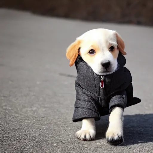 Prompt: puppy wearing a duffel coat