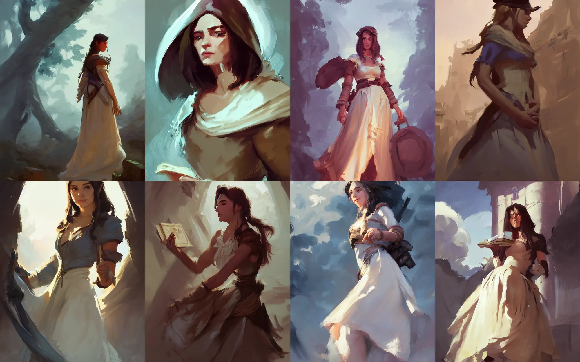 Prompt: portrait of young woman traveler in dress cloth greg manchess portrait painting of bard, d & d, fantasy, medium shot, asymmetrical, intricate, elegant, matte painting, illustration, hearthstone, by greg rutkowski, by greg tocchini, by james gilleard, by joe fenton