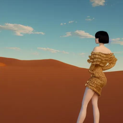 Image similar to innovative avant-garde art, deco fashion, asian women, wearing sky blue dress, highly detailed, photorealistic portrait, serene desert setting, golden hour, crisp quality and light reflections, unreal engine 5 quality render, 4k, by Rei Kawakubo