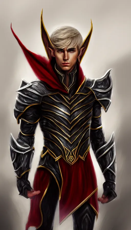 Image similar to A medium shot portrait of a male elf, he is about 20 years old, attractive, lean but muscular, serious composure, short silver hair, prideful look, he is wearing black heavy armor with gold plating and a red cape, highly detailed portrait, digital painting, ArtStation, concept art, smooth, sharp focus illustration