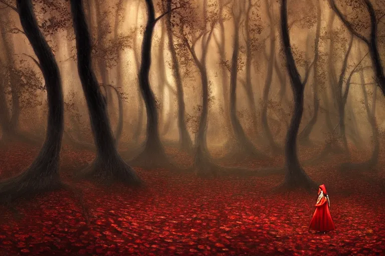 Image similar to a stunning ultra detailed fantasy illustration of a red riding hood holding a glowing leafy umbrella in a barren forest with barren sinuous tree, fall leaves on the floor, by tomasz alen kopera, deep depth of field, 2 4 mm lens, golden hour hues, soft lighting, artstation, highly coherent, 8 k