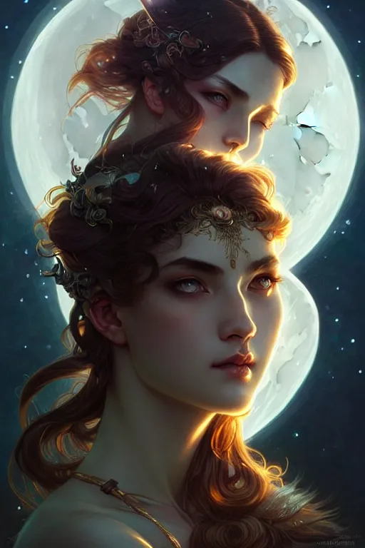 Image similar to the moon goddess closeup filled background around face, fantasy magic, undercut hairstyle, dark light night, intricate, elegant, sharp focus, illustration, highly detailed, digital painting, concept art, matte, art by wlop and artgerm and greg rutkowski and alphonse mucha, masterpiece