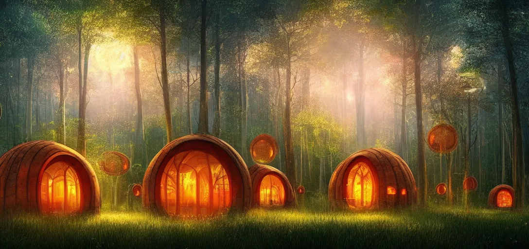 Image similar to beautiful forest, round forest houses with glowing round windows, ray tracing, fireflies, mystical feeling, detailed, digital art