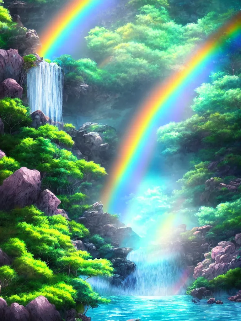 Image similar to anime - style illustration of waterfall cascading onto rocks, small rainbow emerging in background, ethereal, beautiful scenery, intricately meticulously detailed, amazing, glitter, 8 k render octane high definition